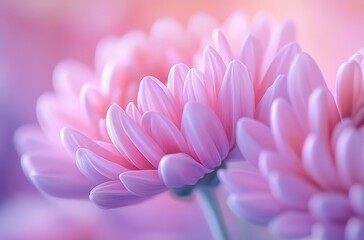 Poster - Delicate Close-Up of Soft Pink Chrysanthemum Petals with a Dreamy Background of Lavender and Blush Hues, Nature's Textile of Elegance and Serenity