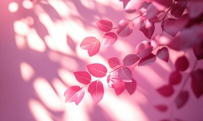 Poster - Delicate Pink Leaves Casting Soft Shadows Against a Light Background with a Gentle Play of Light and Color in Nature Inspired Aesthetic