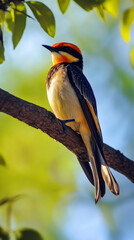 Poster - Vibrant brazilian pygmy tyrant perching on branch, basking in soft sunlight streaming through verdant foliage