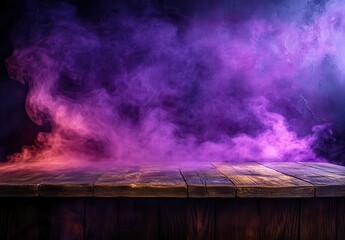 Poster - Dramatic Misty Background with Vibrant Purple and Pink Smoke Effects Above Wooden Table Surface for Creative Projects and Visual Media