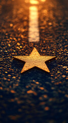 Aufkleber - Golden star marking path on sunlit asphalt, symbolizing achievement against glowing horizon