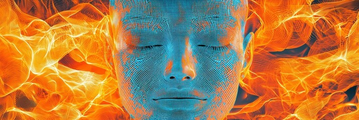 Poster - Blue and orange mesh face with abstract flames