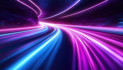 Poster - Dynamic neon light trails creating vibrant motion in a futuristic tunnel, showcasing energy and speed for modern media and technology themes.