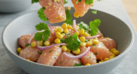 Wall Mural - delicious salmon salad with corn and cilantro