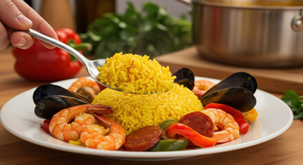 Wall Mural - delicious seafood paella with vibrant vegetables