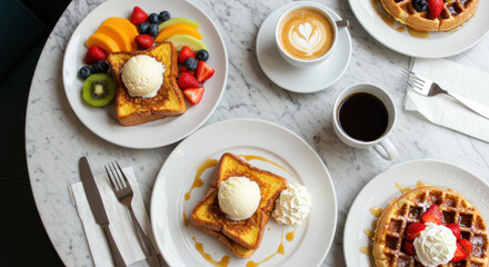 Wall Mural - delicious breakfast plates with waffles and fresh fruits
