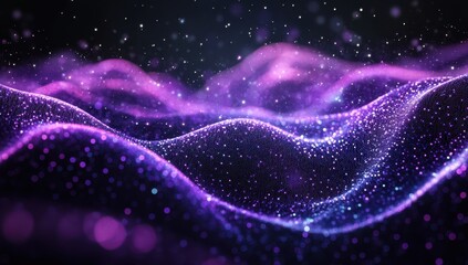 Poster - Ethereal Abstract Waves of Purple and Blue Light Sparkle in a Dreamlike Digital Landscape Creating a Mystical and Enchanting Atmosphere