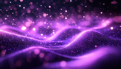 Poster - Ethereal Purple Glitter Waves with Sparkling Particles Against a Dark Background, Creating a Dreamy and Mystical Atmosphere for Creative Projects