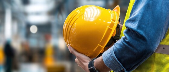 Aufkleber - A man wearing a yellow hard hat is holding it in his hand