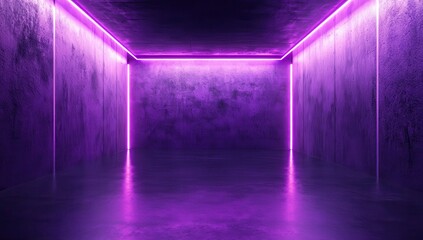 Poster - Futuristic empty room with glowing purple neon lights and polished reflective floor creating an atmospheric vibe perfect for modern design concepts