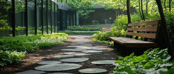 Poster - A path with a bench and a few plants