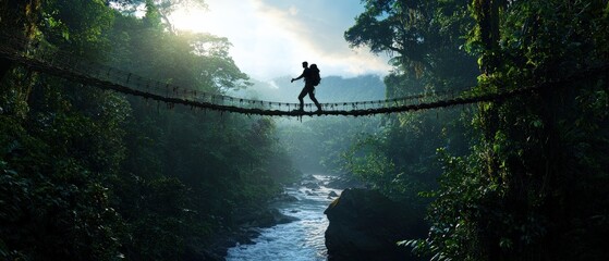 Poster - A man is crossing a bridge over a river