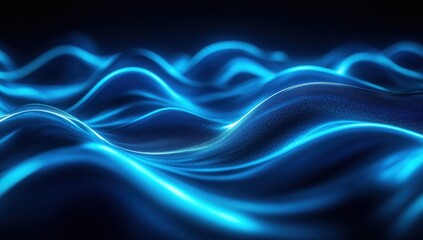Poster - Luminous Blue Waves Flowing Gently in a Dark Environment, Creating a Serene and Captivating Atmospheric Effect with Soft Light Reflections