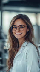 Poster - Confident female scientist smiling, wearing glasses and white lab coat during research work