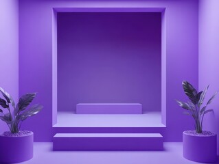 Poster - Minimalist showcase with purple walls, geometric shapes, and decorative plants creating a serene environment for modern displays or artistic presentations