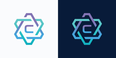 Poster - technology logo letter C with hexagon circuit line style for digital, data, connection with purple and blue gradient color