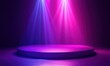 © ANUAR - Modern empty stage with vibrant purple and blue spotlights illuminating a circular platform in a darkened environment for performances and presentations