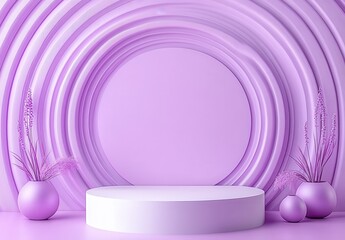Poster - Modern Minimalist Purple Stage with Circular Wall Design and Elegant Plants for Contemporary Interior Presentation or Artistic Display