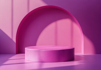 Poster - Modern Minimalist Studio Space with Pink Circular Platform and Artistic Shadow Play on a Bright Pink Wall Background