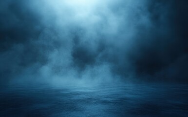 Poster - Mysterious Blue Fog Over Calm Water Surface with Ethereal Light in the Background Creating a Dreamlike Atmosphere for Serene Visual Experience