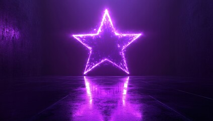 Poster - Neon Star Illustration with Purple Glow and Reflection on Wet Surface in Dark Environment