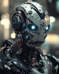 Poster - Robotic Figure With Glowing Eyes in a High-Tech Environment Showcasing Advanced Technology and Design