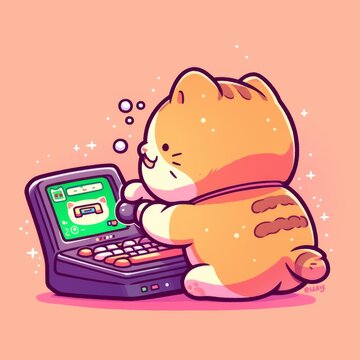Cute Cat Using Retro Computer