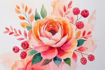 Wall Mural - Whimsical Orange Blush Watercolor Canvas with Gentle Coral and Raspberry Flourishes