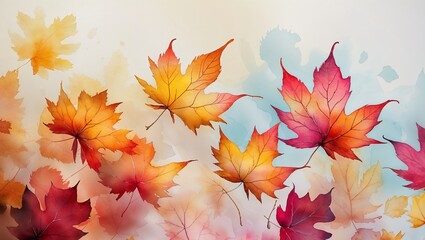 Wall Mural - colorful autumn leaves falling in a gentle breeze against a soft blue background