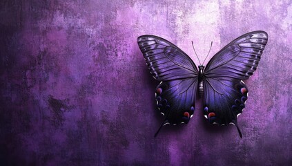 Poster - Stunning Purple Butterfly on Textured Background with Colorful Accents and Soft Lighting, Perfect for Nature and Wildlife Themes in Photos and Designs