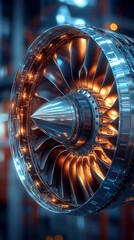 Poster - detailed view of jet engine showcasing intricate turbine blades and metallic components