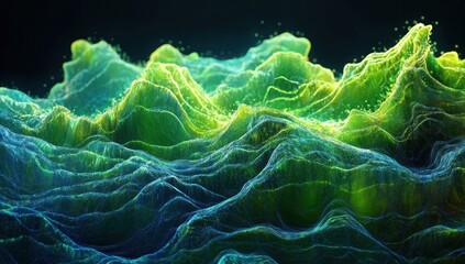 Poster - Abstract vibrant green and blue textured landscape, resembling mountains or waves, with glowing particles.