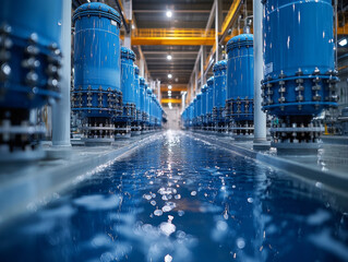 Poster - Advanced water treatment plant with blue tanks and reflective water
