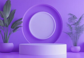 Poster - Stylish Minimalism with Purple Background, Circular Display, Tropical Plants, Modern Home Decor, and Contemporary Design Elements for Artistic Presentation