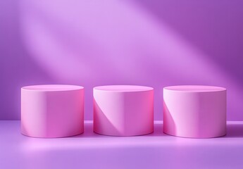 Poster - Three Minimalistic Pink Cylinders on a Soft Purple Background with Light and Shadow Play for Modern Design Concepts and Creative Display Solutions