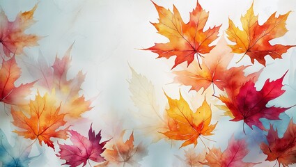 Wall Mural - colorful autumn leaves gently falling against a soft pastel background in a serene setting