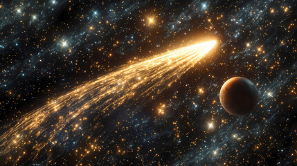 Wall Mural - comet streaking through space in a cosmic scene with glowing planets and stars, celebrating the new 