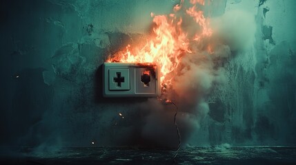 Poster - Electrical outlet sparks fire hazard with short circuit, showcasing electrical discharge and smoke, highlighting safety concerns and potential danger from faulty wiring , 32k Resolution 