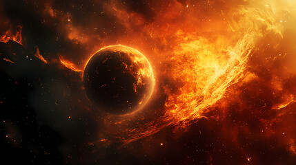 a fiery cosmic landscape. an otherworldly planet in deep space. cosmic - galaxy. illustration