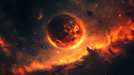 a fiery cosmic landscape. an otherworldly planet in deep space. cosmic - galaxy. illustration