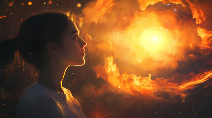 Wall Mural - A woman gazes thoughtfully at the glowing sun, surrounded by ethereal flames and cosmic beauty at dusk. generative ai. Cosmic - Galaxy. Illustration