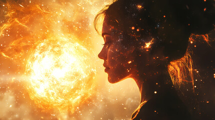 Wall Mural - a woman gazes thoughtfully at the glowing sun, surrounded by ethereal flames and cosmic beauty at du