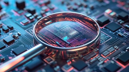 Poster - Magnified view of a microchip under quality control examination.