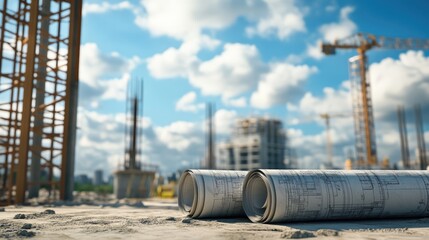 Poster - Modular office at a construction site with planning documents and project blueprints.