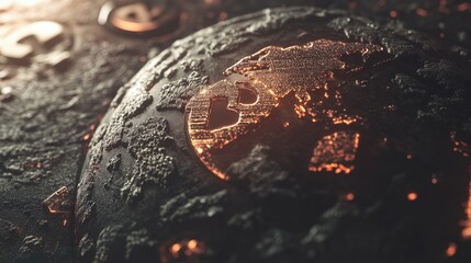Poster - Money and business concept featuring financial charts, cryptocurrency icons, and an illuminated world globe.