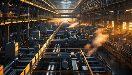 Poster - industrial facility with pipes and machinery illuminated by sunlight in the early morning