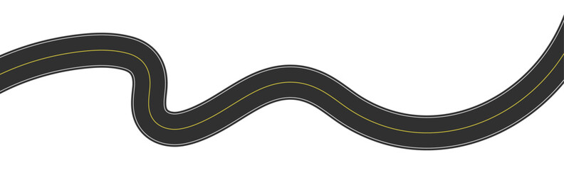Winding road top view, curved highway path with lane markings, long trip route map, wavy street track design. Flat vector illustration isolated on white background.
