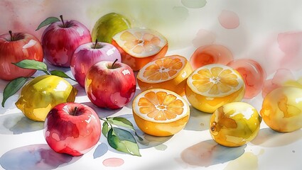 Poster - vibrant arrangement of apples and citrus fruits in a colorful watercolor style on a light background