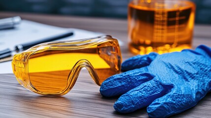 Poster - Safety goggles and gloves next to a product testing manual on a workbench.