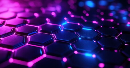 Poster - Vibrant Abstract Background with Hexagonal Pattern and Soft Neon Glow in Shades of Pink, Blue, and Black for Modern Design and Technology Concepts